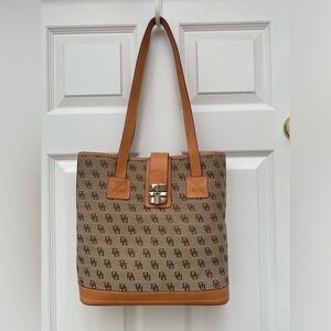 Vintage Dooney & Bourke Brown & Tan Monogram Shopper Canvas Tote w/ Leather Trim